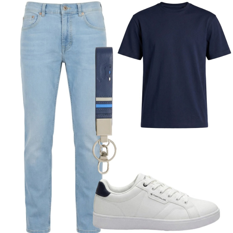 Outfit uomo - Total look #2443183. Stile Trendy per Tutti i giorni. Abbinamento con sneakers, portachiavi, t-shirt, jeans.