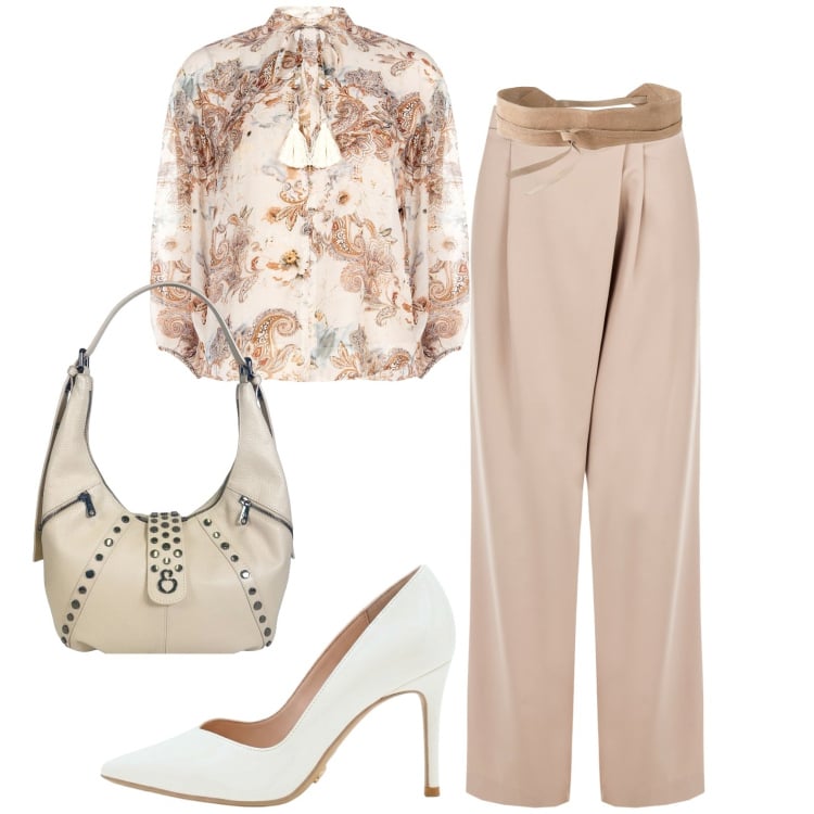 Outfit donna - Total look #2443184. Stile Casual chic per Tutti i giorni. Abbinamento con cinture, bluse, pantaloni a palazzo, décolleté, borse a spalla.