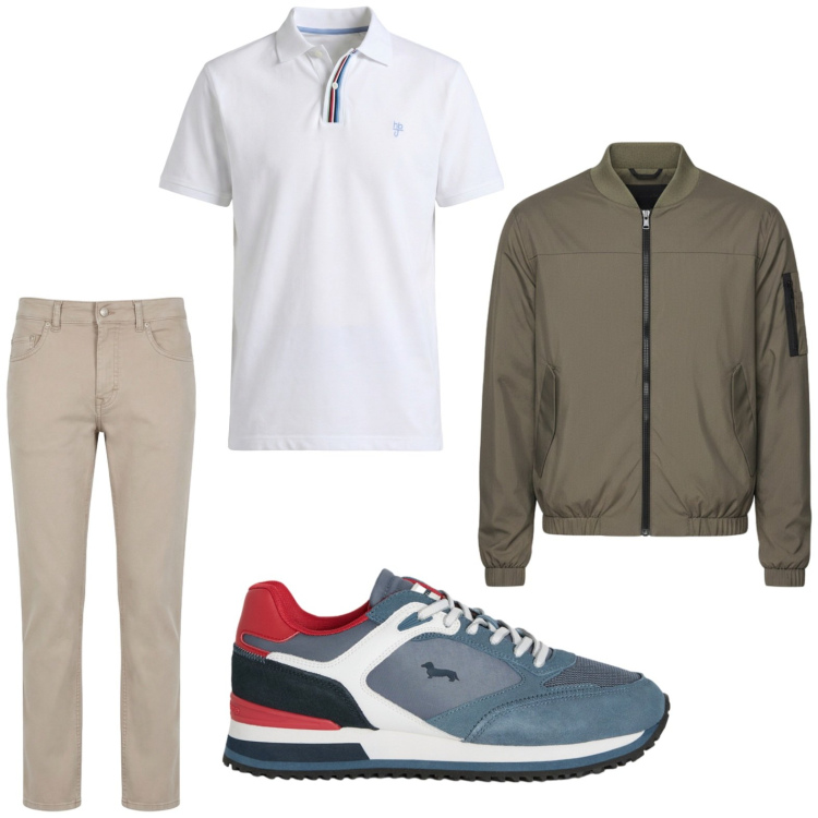 Outfit uomo - Total look #2443189. Stile Trendy per Tutti i giorni. Abbinamento con pantaloni, polo, sneakers, bomber.
