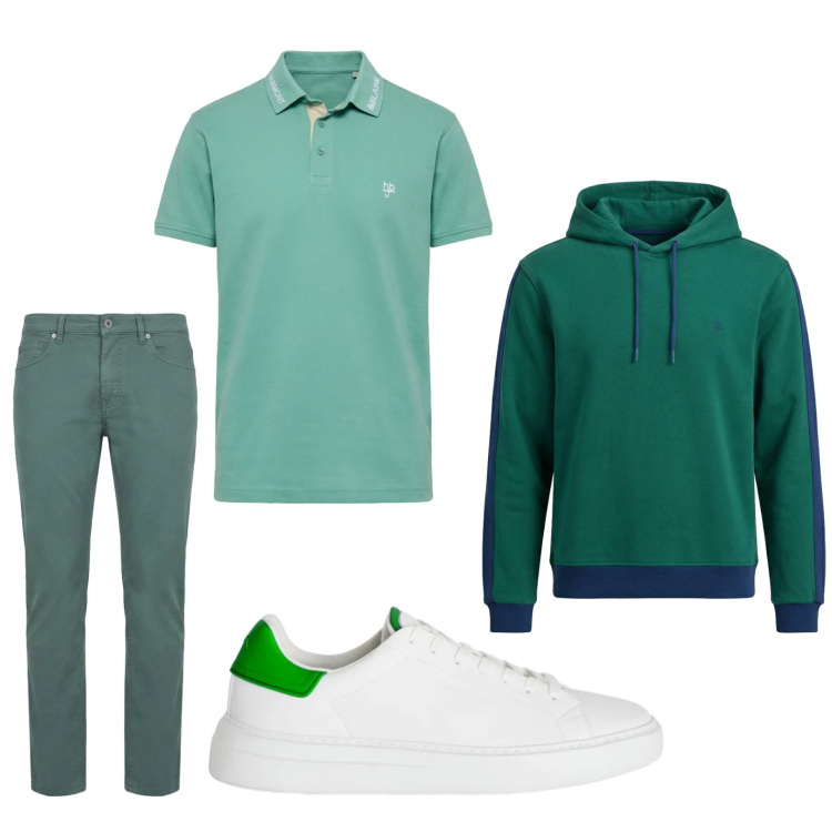Outfit uomo - Total look #2443191. Stile Trendy per Tutti i giorni. Abbinamento con pantaloni, felpe con cappuccio, polo, sneakers.