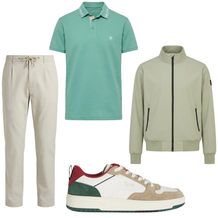 Outfit uomo - Total look #2443193. Stile Trendy per Tutti i giorni. Abbinamento con sneakers, pantaloni, polo, bomber.