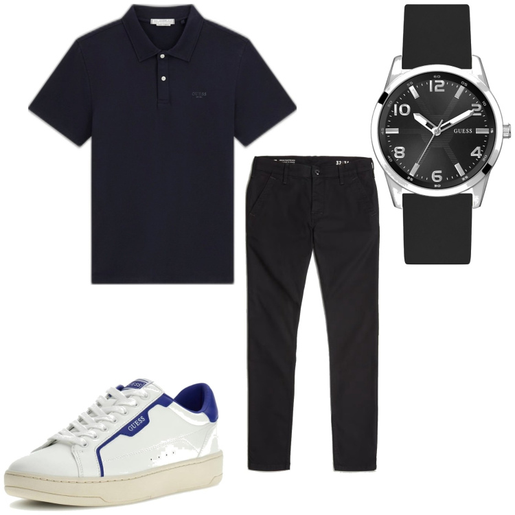 Outfit hombre - Urban style. Estilo Urban para Todos los días. Combinación con pantalones pitillo, polo, sneakers, reloj.