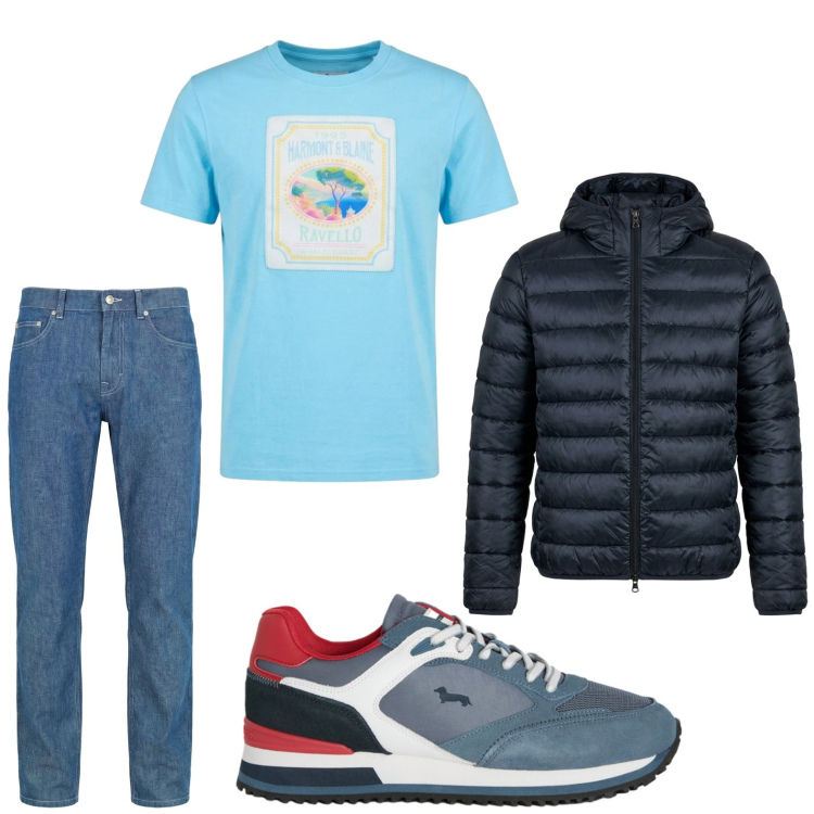 Outfit uomo - Total look #2443264. Stile Trendy per Tutti i giorni. Abbinamento con jeans, sneakers, t-shirt, piumini.