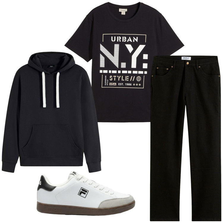 Outfit uomo - Total look #2443298. Stile Urban per Tutti i giorni. Abbinamento con jeans dritti, felpe con cappuccio, t-shirt, sneakers.