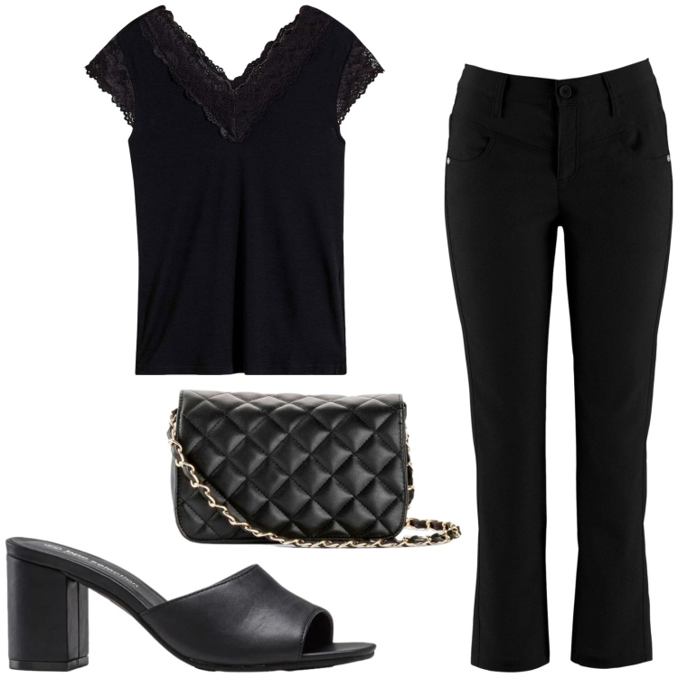 Outfit donna - Total look #2443313. Stile Chic per Serata fuori. Abbinamento con pantaloni, maglieria, sandali col tacco, borse a tracolla.