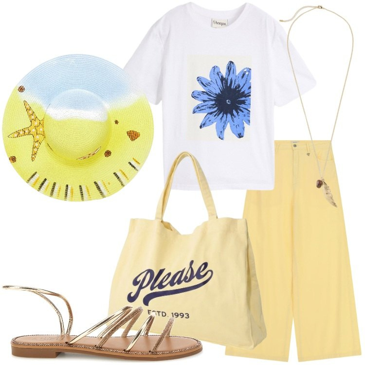 Outfit donna - Summer Holidays. Stile Trendy per Tutti i giorni. Abbinamento con t-shirt, collane, shopping bag, pantaloni a palazzo, sandali, cappelli.