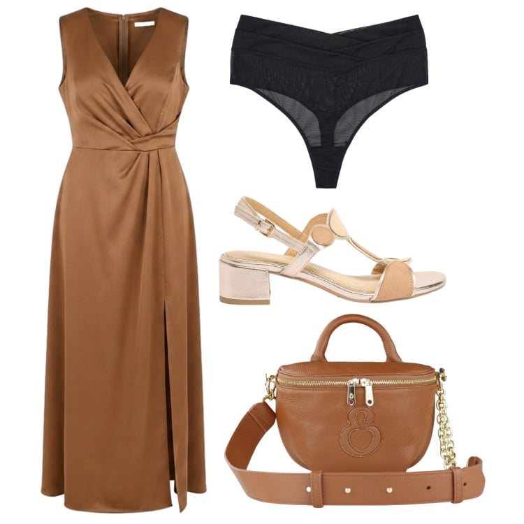 Outfit donna - L\'abito con spacco. Stile Casual per Tutti i giorni. Abbinamento con perizomi, sandali col tacco, vestiti lunghi, borse a tracolla.