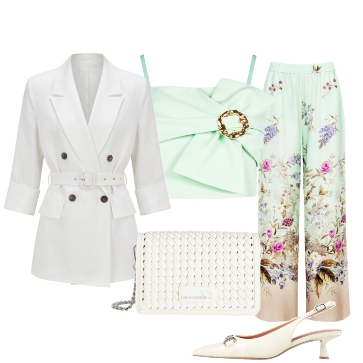 Outfit donna - Cerimonia all’aperto. Stile Chic per Cerimonia. Abbinamento con décolleté, top, pantaloni a palazzo, blazer, borse a tracolla.