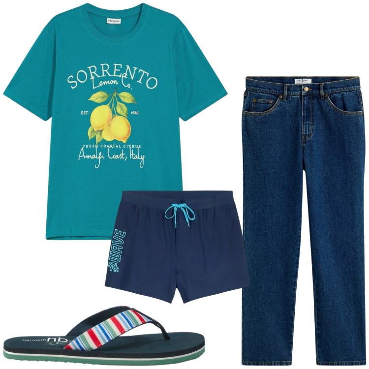 Outfit uomo - Total look #2443347. Stile Casual per Mare. Abbinamento con jeans dritti, costumi, t-shirt, sandali.