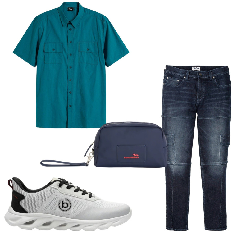 Outfit uomo - Total look #2443351. Stile Casual per Tutti i giorni. Abbinamento con jeans slim fit, camicie a manica corta, sneakers, borse sportive.