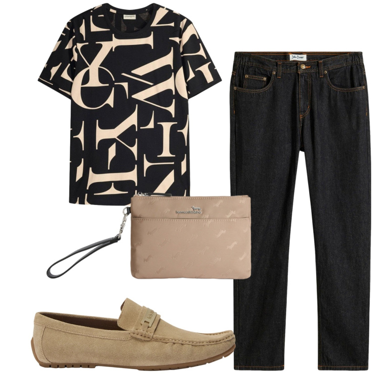 Outfit uomo - Total look #2443352. Stile Trendy per Tutti i giorni. Abbinamento con jeans dritti, t-shirt, borse sportive, scarpe stringate.