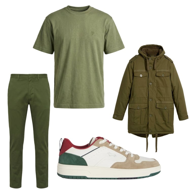 Outfit uomo - Total look #2443358. Stile Trendy per Tutti i giorni. Abbinamento con parka, sneakers, pantaloni, t-shirt.