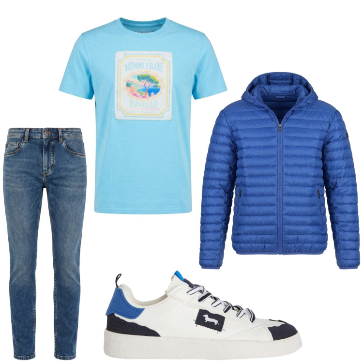 Outfit uomo - Total look #2443360. Stile Trendy per Tutti i giorni. Abbinamento con sneakers, jeans slim fit, t-shirt, piumini.