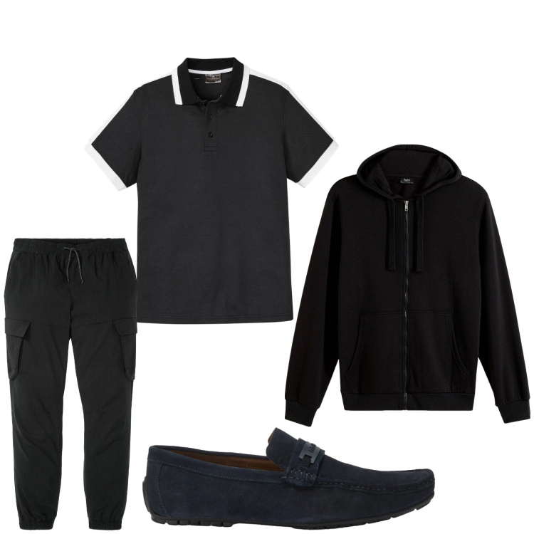 Outfit uomo - Total look #2443363. Stile Trendy per Ufficio. Abbinamento con felpe con cappuccio, pantaloni cargo, polo, scarpe stringate.