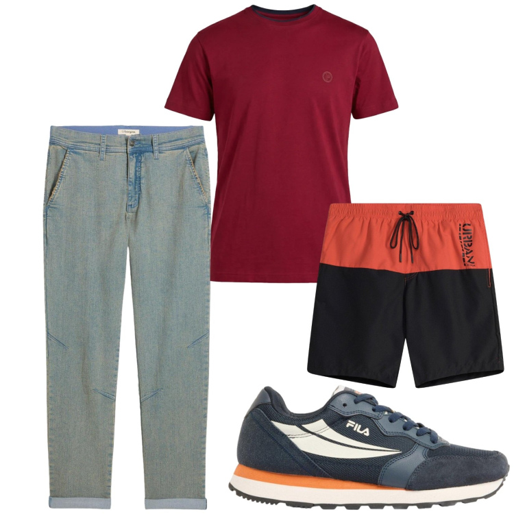 Outfit uomo - Total look #2443364. Stile Casual per Mare. Abbinamento con jeans dritti, sneakers, costumi, t-shirt.