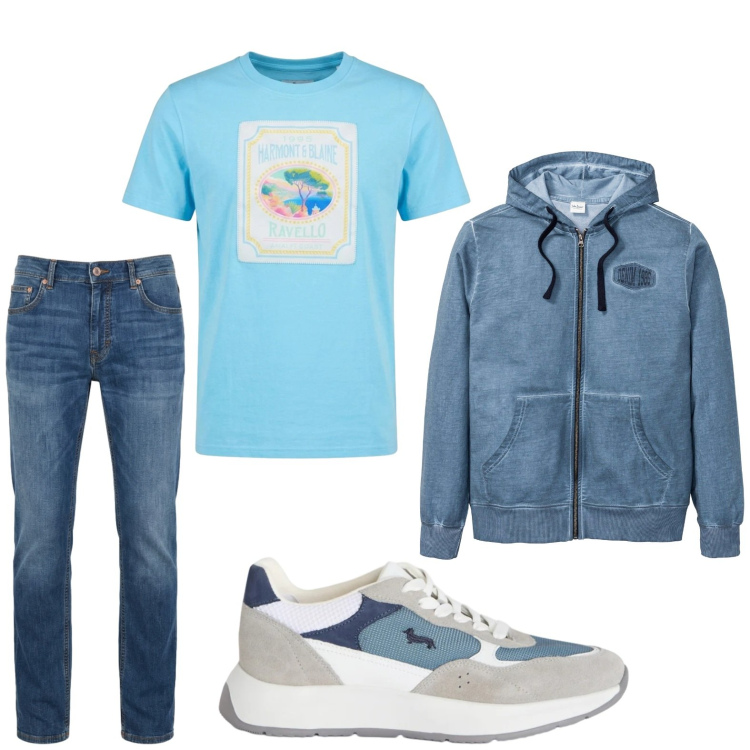 Outfit uomo - Total look #2443367. Stile Trendy per Tutti i giorni. Abbinamento con felpe con cappuccio, sneakers, jeans, t-shirt.