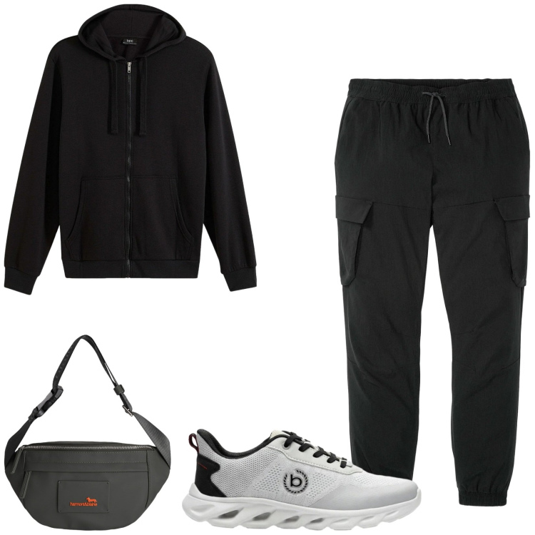 Outfit uomo - Total look #2443368. Stile Urban per Sport. Abbinamento con felpe con cappuccio, pantaloni cargo, sneakers, borse sportive.