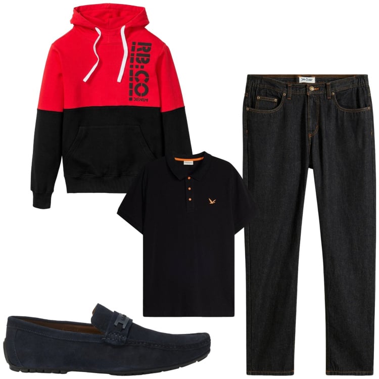 Outfit uomo - Total look #2443371. Stile Trendy per Tutti i giorni. Abbinamento con jeans dritti, felpe con cappuccio, polo, scarpe stringate.