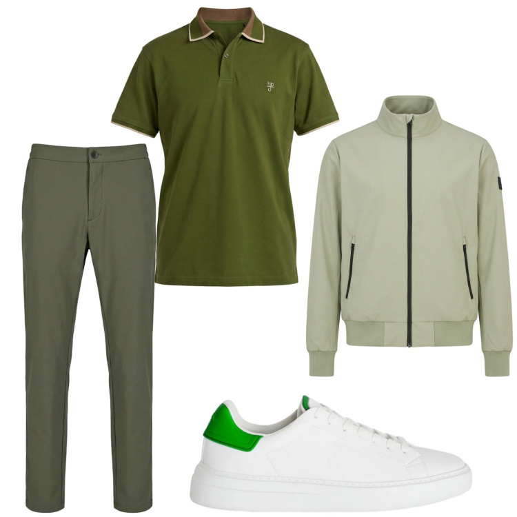 Outfit uomo - Total look #2443376. Stile Trendy per Tutti i giorni. Abbinamento con sneakers, polo, bomber, pantaloni.