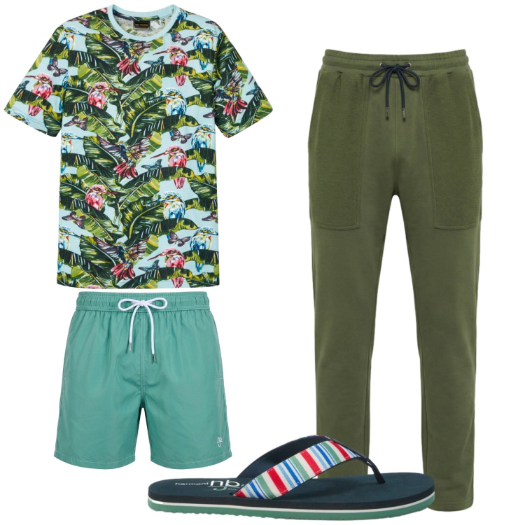 Outfit uomo - Total look #2443387. Stile Trendy per Mare. Abbinamento con t-shirt, pantaloni, sandali, costumi.
