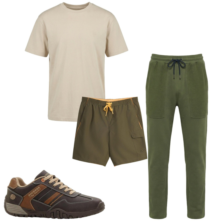 Outfit uomo - Total look #2443388. Stile Trendy per Mare. Abbinamento con sneakers, costumi, pantaloni, t-shirt.