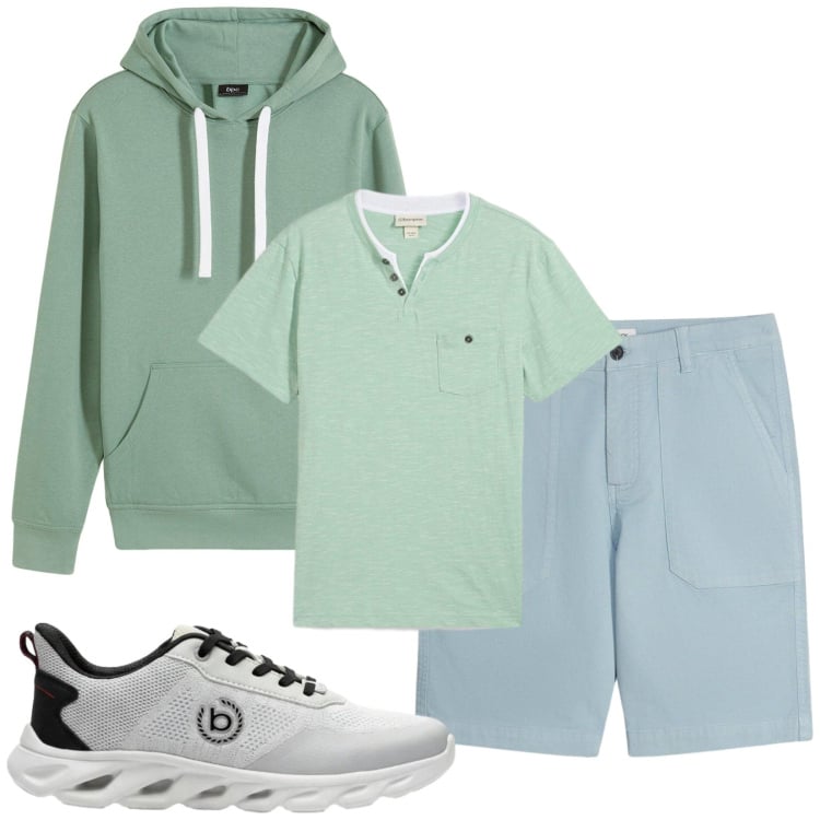 Outfit uomo - Total look #2443392. Stile Casual per Tutti i giorni. Abbinamento con felpe con cappuccio, sneakers, shorts, t-shirt.