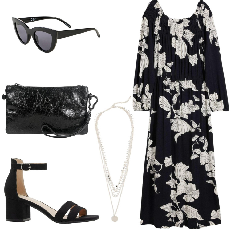 Outfit donna - Total look #2443402. Stile Chic per Serata fuori. Abbinamento con vestiti, sandali col tacco, occhiali da sole, collane, pochette.