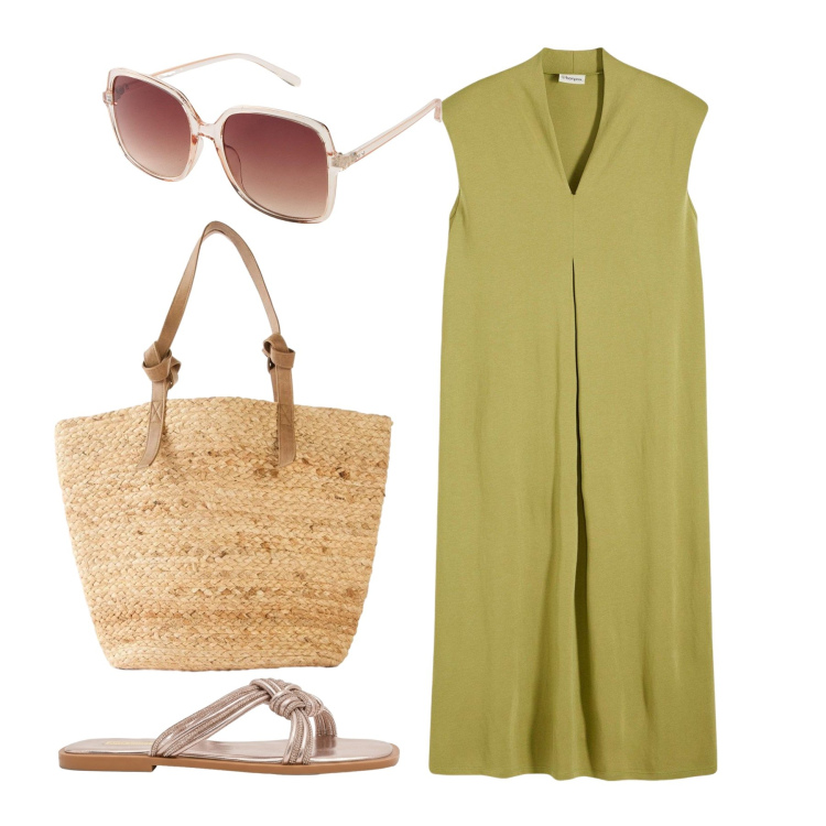 Outfit donna - Agosto. Stile Basic per Tutti i giorni. Abbinamento con occhiali da sole, vestiti, shopping bag, sandali.