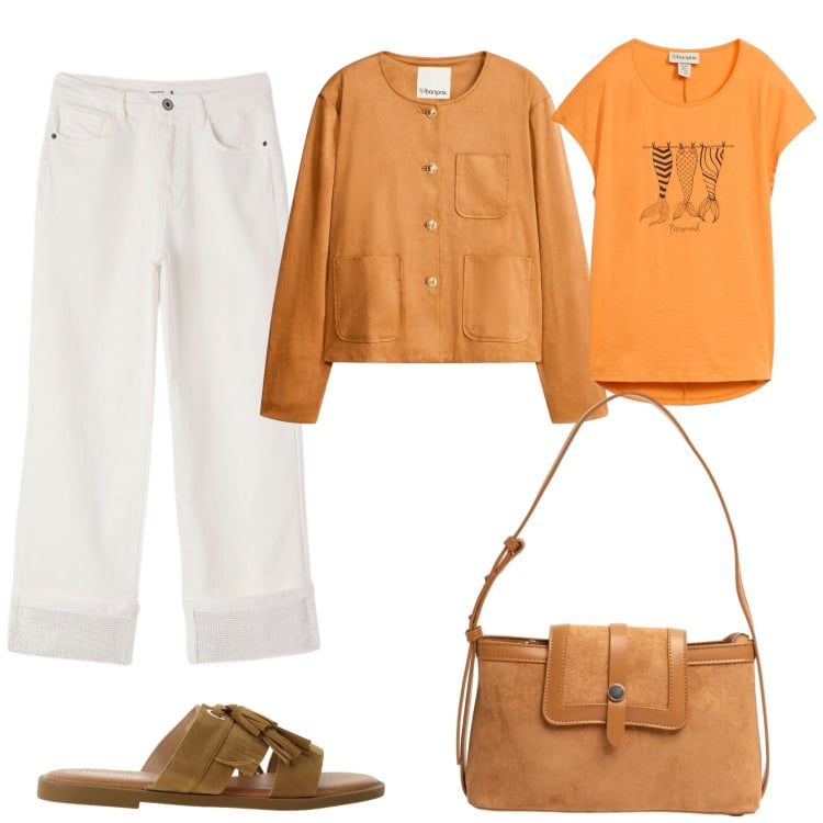 Outfit donna - Aperitivo al tramonto. Stile Casual per Serata fuori. Abbinamento con blazer, t-shirt, jeans, sandali, borse a tracolla.