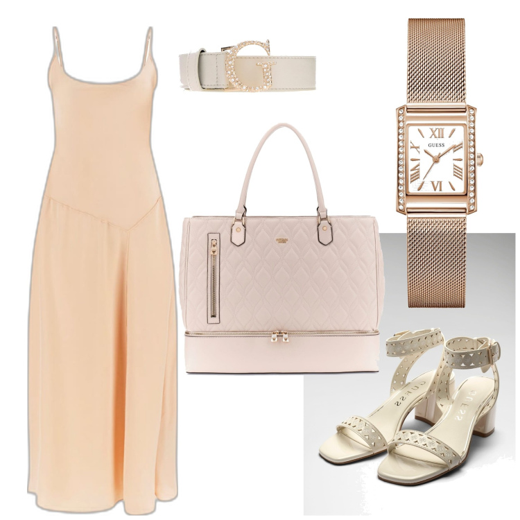 Outfit mujer - Glamour #3867. Estilo Glamour para Todos los días. Combinación con bolso tote, sandalias de tacón, vestidos asimétricos, cinturones, relojes analógicos.