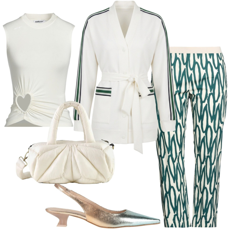 Outfit donna - Black e white. Stile Casual chic per Tutti i giorni. Abbinamento con décolleté, top, pantaloni, cardigans, borse a mano.