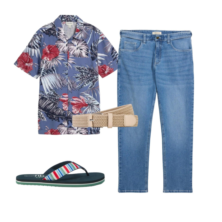 Outfit uomo - Total look #2443426. Stile Casual per Mare. Abbinamento con camicie a manica corta, cinture, jeans dritti, sandali.
