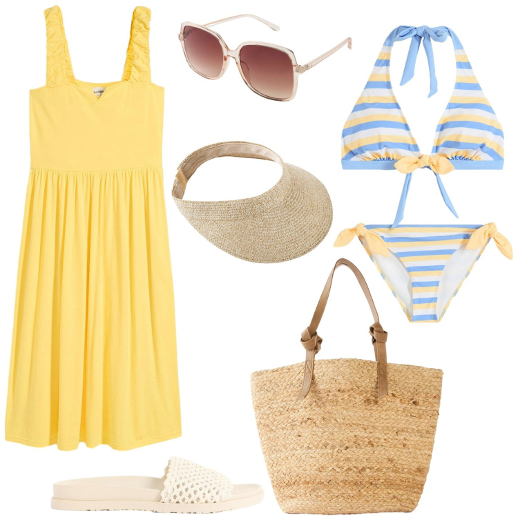 Outfit donna - Benvenuto agosto. Stile Basic per Mare. Abbinamento con cappelli con visiera, occhiali da sole, bikini, vestiti, shopping bag, ciabatte.