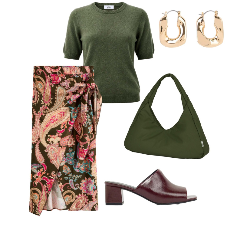 Outfit donna - Urban. per Tutti i giorni. Abbinamento con orecchini, gonne longuette, ciabatte, maglieria, borse a spalla.