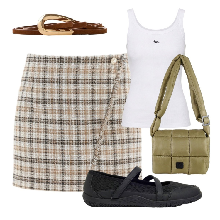 Outfit donna - 31 luglio. Stile Basic per Ufficio. Abbinamento con ballerine, cinture, minigonne, canottiere, borse a spalla.