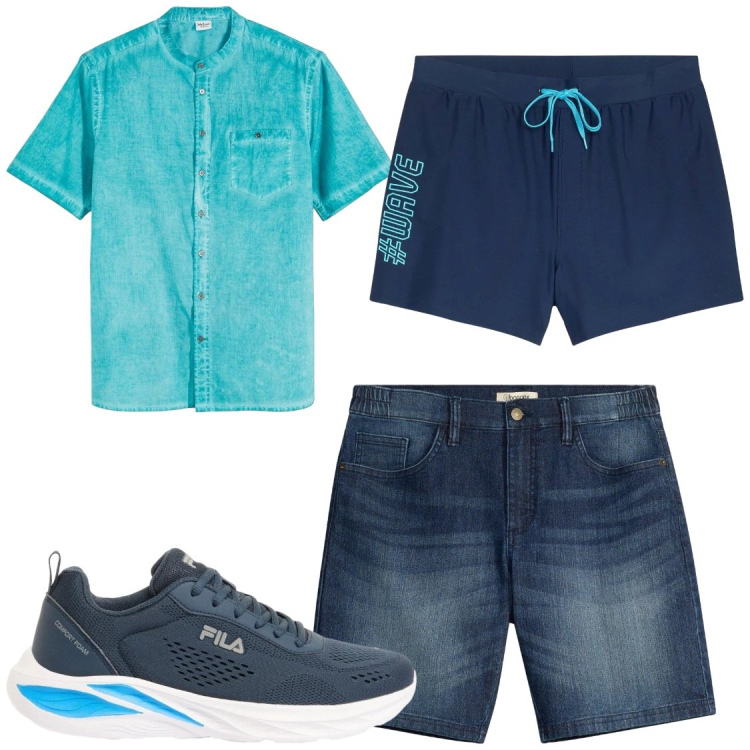 Outfit uomo - Tuffi durante il viaggio. Stile Trendy per Tutti i giorni. Abbinamento con sneakers, shorts, camicie a manica corta, costumi.