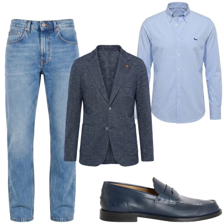 Outfit uomo - Eleganza in jeans. Stile Business/Elegante per Ufficio. Abbinamento con giacche, camicie, jeans, scarpe stringate.