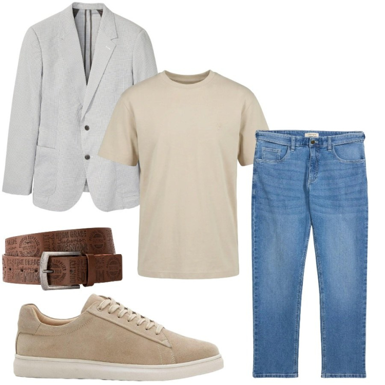 Outfit uomo - Total look #2443457. Stile Casual per Tutti i giorni. Abbinamento con cinture, sneakers, giacche, jeans dritti, t-shirt.