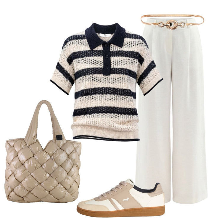 Outfit donna - Eleganza … casual. Stile Casual chic per Tutti i giorni. Abbinamento con pantaloni a palazzo, cinture, polo, sneakers, borse tote.