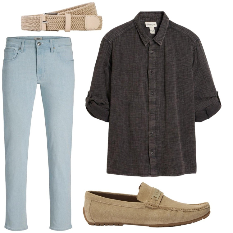 Outfit uomo - Camicia in mussola#comodissima. Stile Trendy per Ufficio. Abbinamento con jeans slim fit, camicie, cinture, scarpe stringate.