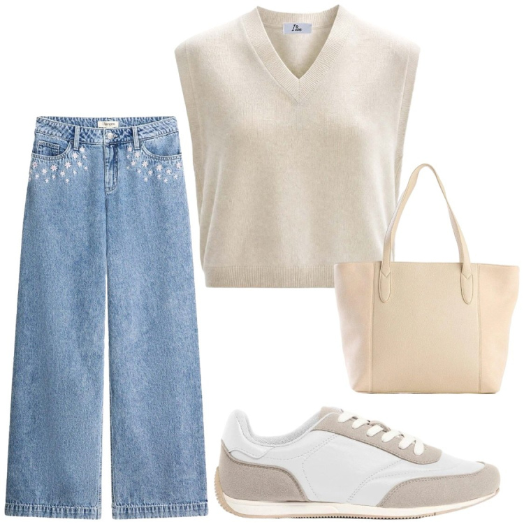Outfit donna - Gile\' in cotone. Stile Casual per Tutti i giorni. Abbinamento con jeans, shopping bag, sneakers, maglieria.