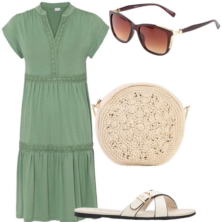 Outfit donna - Total look #2443485. Stile Chic per Tutti i giorni. Abbinamento con ciabatte, borse a tracolla, occhiali da sole, vestiti.