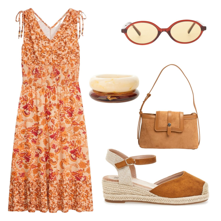 Outfit donna - Nuance avvolgenti. Stile Romantica per Mare. Abbinamento con vestiti, occhiali da sole, braccialetti, borse a tracolla, zeppe.