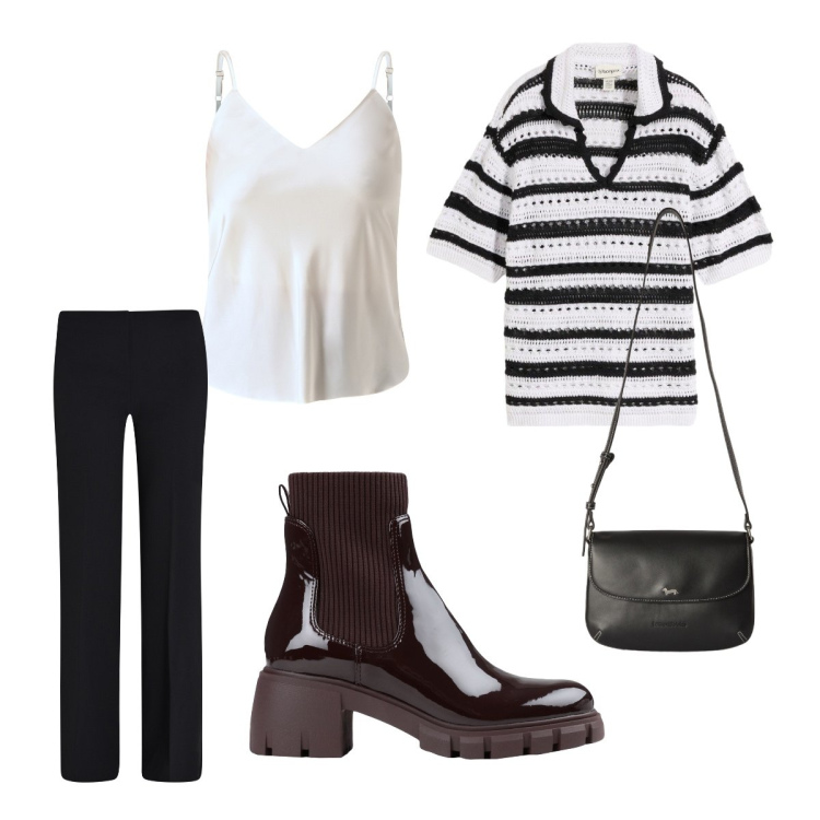 Outfit donna - Rinascimento summer. Stile Basic per Tutti i giorni. Abbinamento con stivaletti, t-shirt, pantaloni a palazzo, top, borse a tracolla.