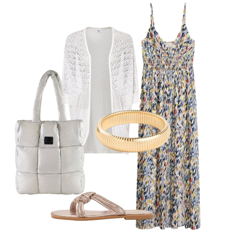 Outfit donna - In città. Stile Minimal per Tutti i giorni. Abbinamento con cardigans, braccialetti, vestiti lunghi, sandali, shopping bag.