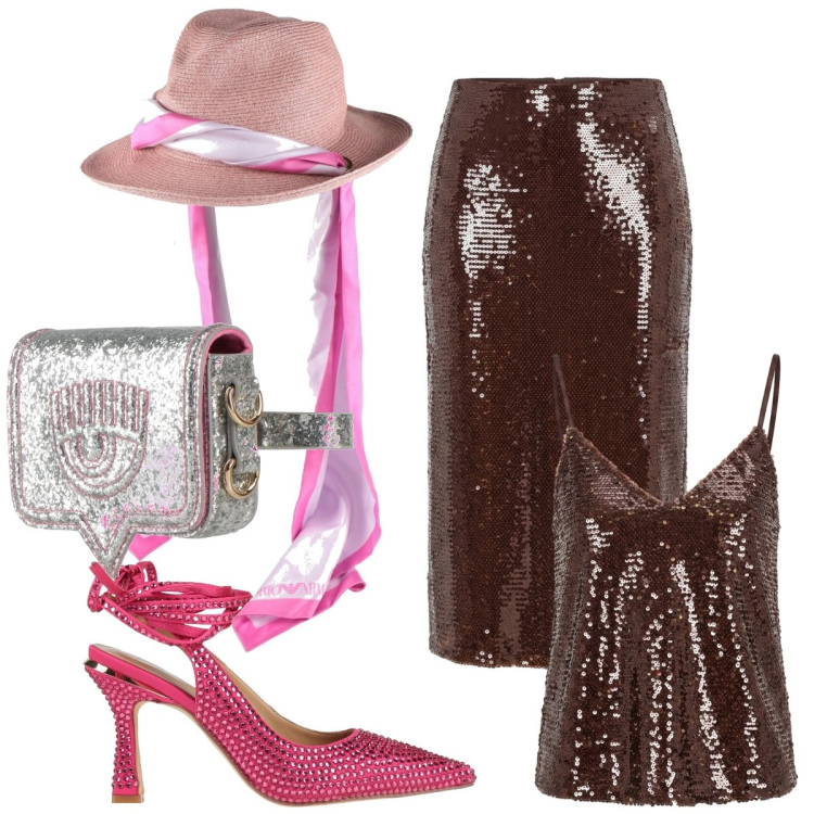 Outfit donna - Total look #2443497. Stile Chic per Serata fuori. Abbinamento con cappelli, marsupi, décolleté, gonne longuette, top.