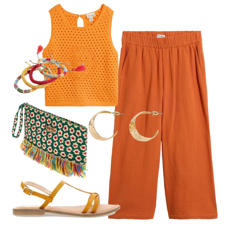 Outfit donna - Sole calante. Stile Casual per Mare. Abbinamento con orecchini, top, pantaloni, braccialetti, sandali in pelle, pochette.