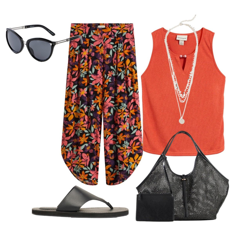 Outfit donna - I pantaloni etnici. Stile Etnico per Tutti i giorni. Abbinamento con shopping bag, occhiali da sole, canottiere, infradito, collane, pantaloni.