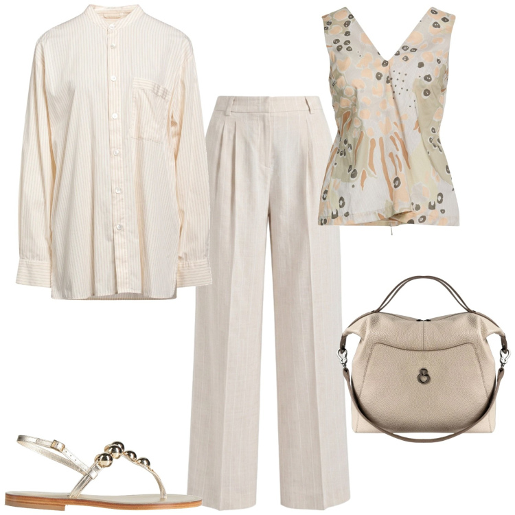 Outfit donna - Chic ogni giorno ufficio tempo libero. Stile Chic per Tutti i giorni. Abbinamento con infradito, top, camicie, pantaloni, borse a mano.
