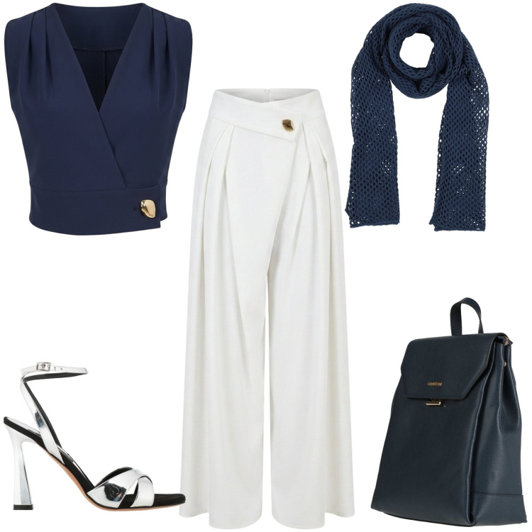 Outfit donna - Chic ogni giorno ufficio tempo libero. Stile Chic per Tutti i giorni. Abbinamento con sciarpe, zaini, sandali in pelle, top, pantaloni a palazzo.